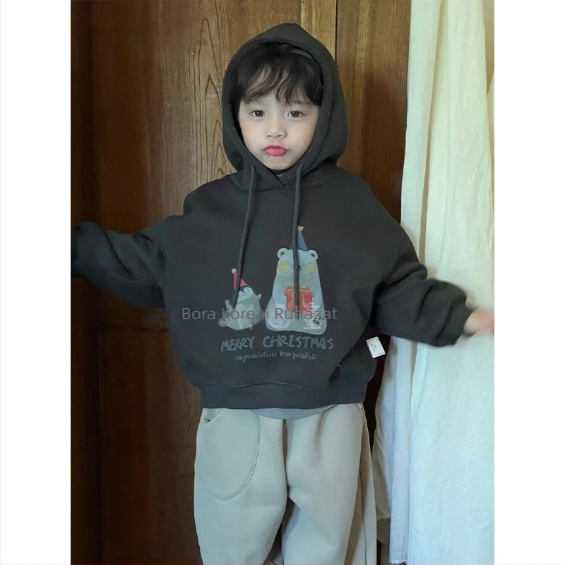 Gyerekeknek szóló pulóver, koreai változat, hosszú ujjú, kapucnis, 100% pamut