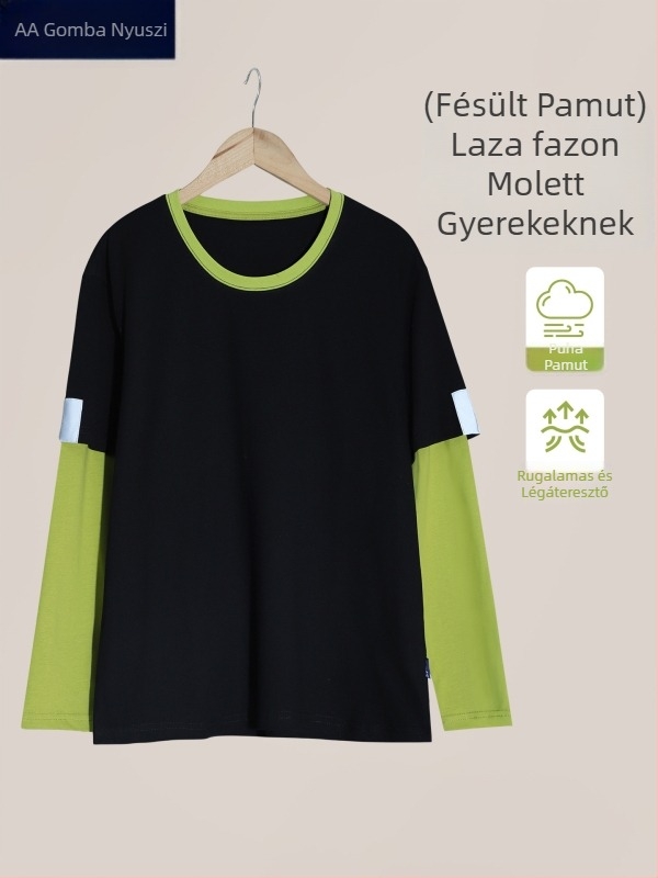 Plusz méretű fiúknak hosszú ujjú pamut felső, könnyű, fekete-zöld blokkos mintával, laza szabás, tiniknek
