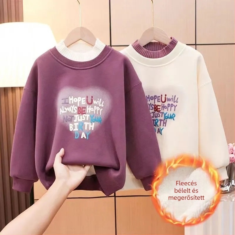 Lányoknak készült fleece-bélelt pulóver, hosszú ujjú, kapucni nélküli, betűs mintával