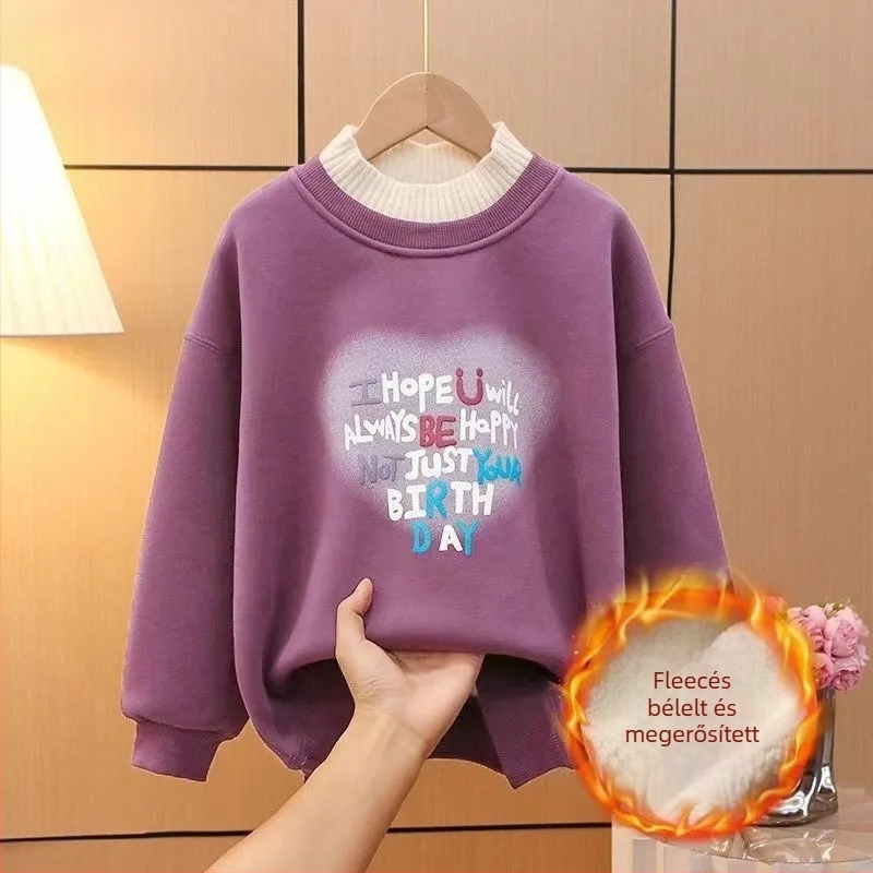 Lányoknak készült fleece-bélelt pulóver, hosszú ujjú, kapucni nélküli, betűs mintával