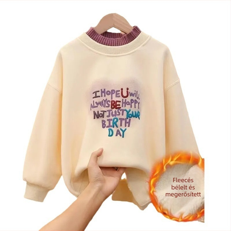 Lányoknak készült fleece-bélelt pulóver, hosszú ujjú, kapucni nélküli, betűs mintával