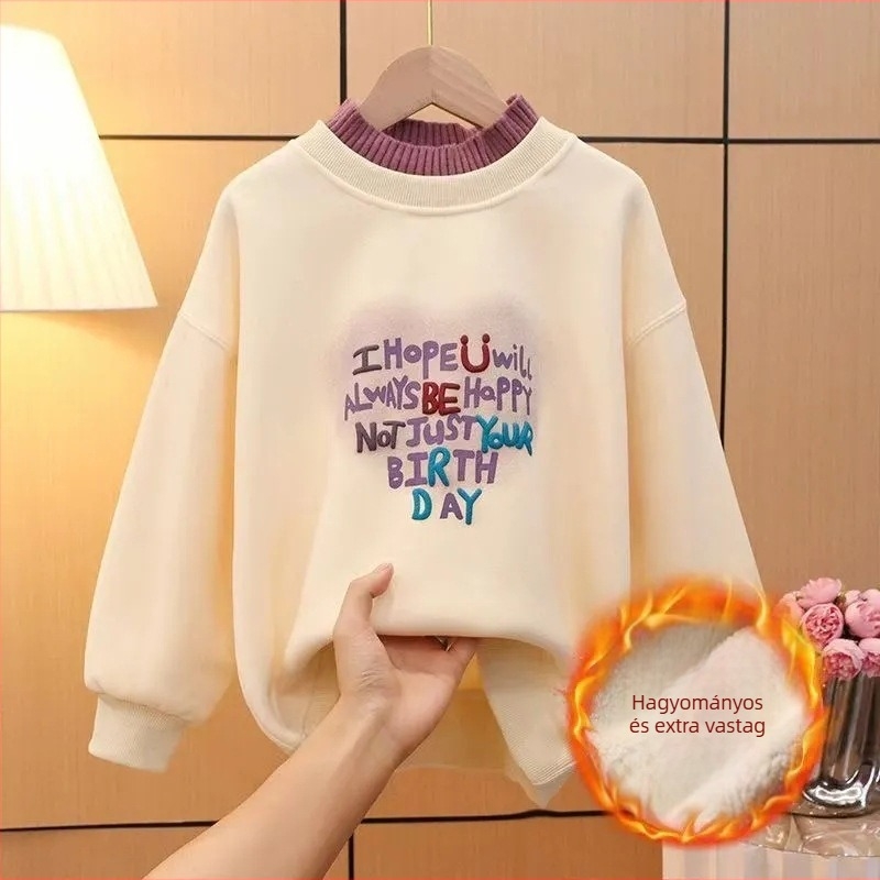 Lányoknak készült fleece-bélelt pulóver, hosszú ujjú, kapucni nélküli, betűs mintával