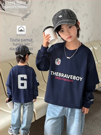 Fiúknak készült hosszú ujjú pamut póló, 100% pamut, kerek nyak, betűs mintázat