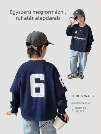 Fiúknak készült hosszú ujjú pamut póló, 100% pamut, kerek nyak, betűs mintázat