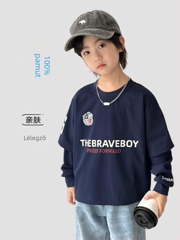 Fiúknak készült hosszú ujjú pamut póló, 100% pamut, kerek nyak, betűs mintázat