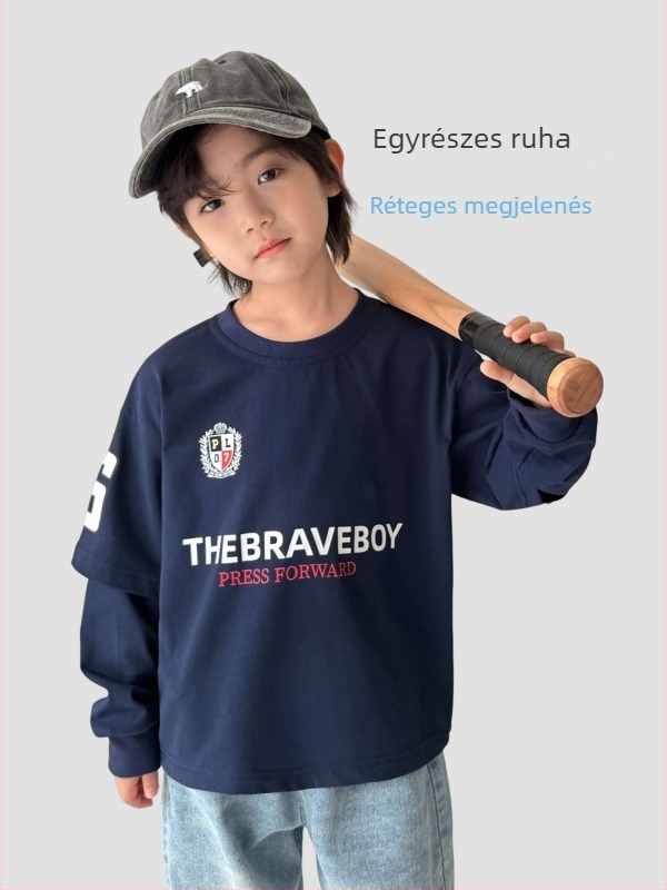 Fiúknak készült hosszú ujjú pamut póló, 100% pamut, kerek nyak, betűs mintázat