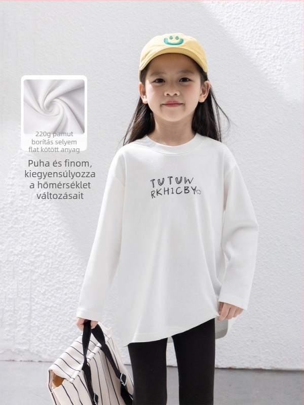 Lányoknak készült pamut póló betűs mintával, kerek nyakú, rövid ujjú, koreai stílusú