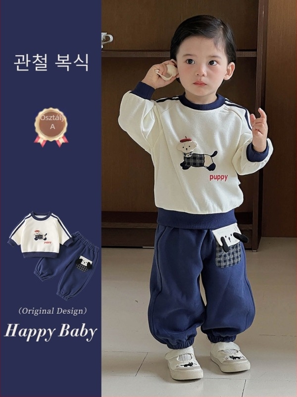 Újszülött babák számára készült, két részes, pamutkeverék anyagból készült ruhaszett hosszú ujjú pulóverrel és nadrággal, tavasz- és őszidőszakra