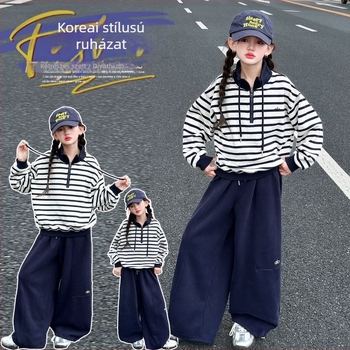 Kétrészes gyerekruha lányoknak, csíkos kötött pulóver és nadrág, őszi 2025, Koreai stílus