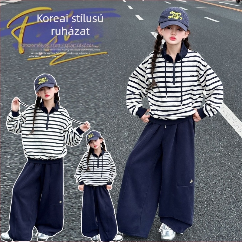 Kétrészes gyerekruha lányoknak, csíkos kötött pulóver és nadrág, őszi 2025, Koreai stílus