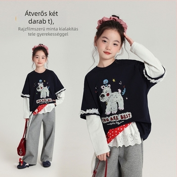 Gyerekeknek készült pamut hosszú ujjú felső karikatúra mintával, koreai stílus, őszi viselet lányoknak, 3–8 évesek (100–140 cm) és 8+ évesek (140 cm felett)