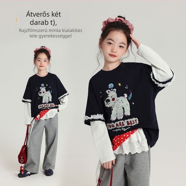 Gyerekeknek készült pamut hosszú ujjú felső karikatúra mintával, koreai stílus, őszi viselet lányoknak, 3–8 évesek (100–140 cm) és 8+ évesek (140 cm felett)