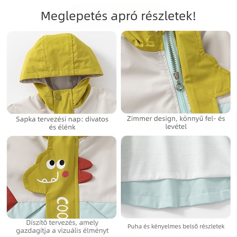 Fiúknak készült kapucnis dzseki dinoszaurusz mintával, rajzfilmszerű stílus, tavasz-őszi viselet, tartós
