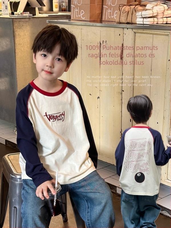Gyerekeknek szóló raglán ujjú pamut T‑shirt, 100% pamut, környakú, betűs minta, tavaszra és őszre