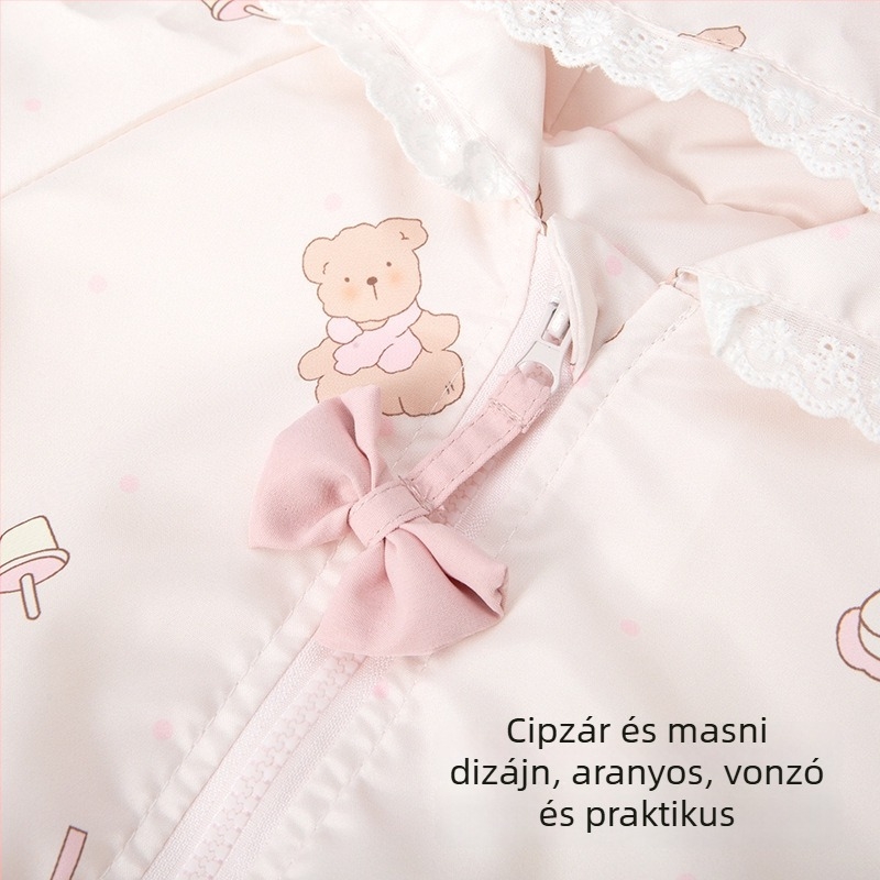 Lányos kabát kapucnival, cipzáras záródás, hosszú ujjú, poliészter anyag, karikatúra mintázat