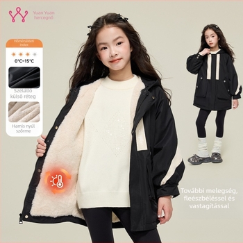 Lányok téli parka kapucnival, vastag fleece belsővel, cipzáras zárás, hosszú ujjú, 3–8 éveseknek, Korea-stílus