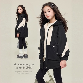 Lányok téli parka kapucnival, vastag fleece belsővel, cipzáras zárás, hosszú ujjú, 3–8 éveseknek, Korea-stílus