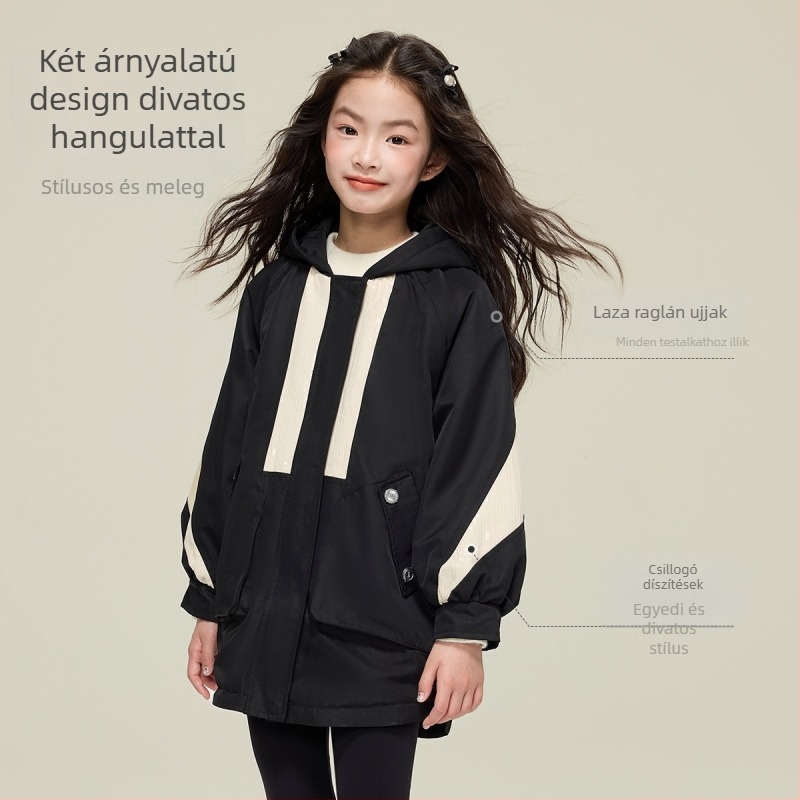Lányok téli parka kapucnival, vastag fleece belsővel, cipzáras zárás, hosszú ujjú, 3–8 éveseknek, Korea-stílus
