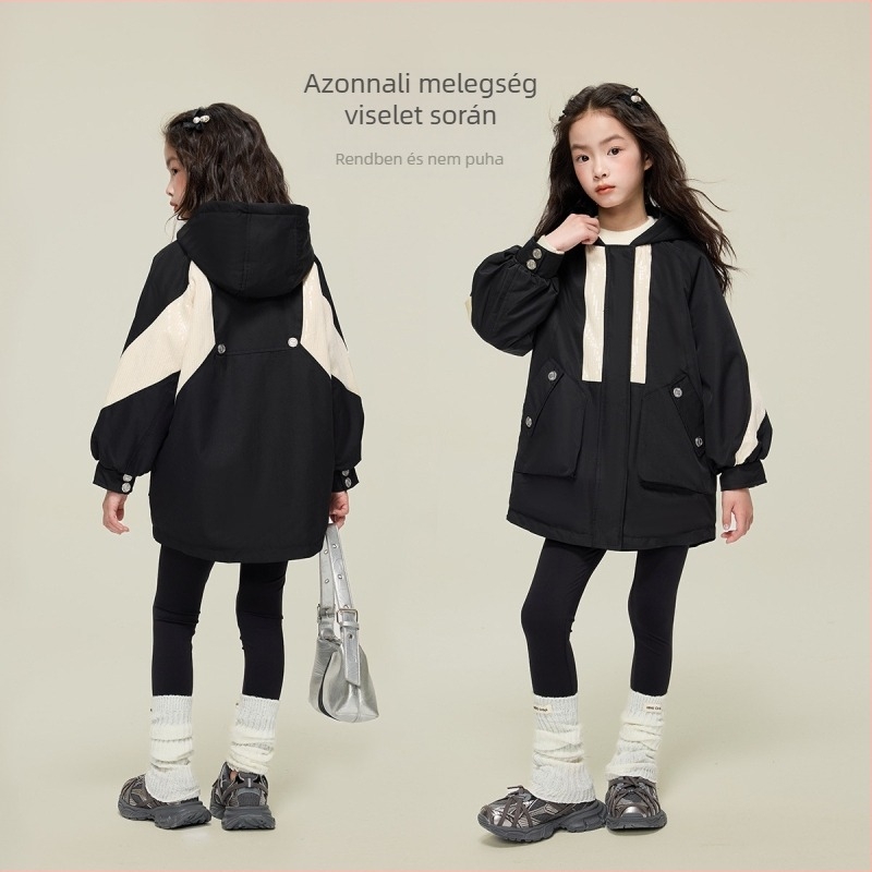 Lányok téli parka kapucnival, vastag fleece belsővel, cipzáras zárás, hosszú ujjú, 3–8 éveseknek, Korea-stílus