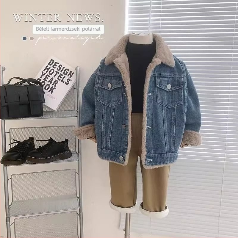 Fiúknak készült denim dzseki fleece-beléssel, téli új modell, vastag meleg kabát