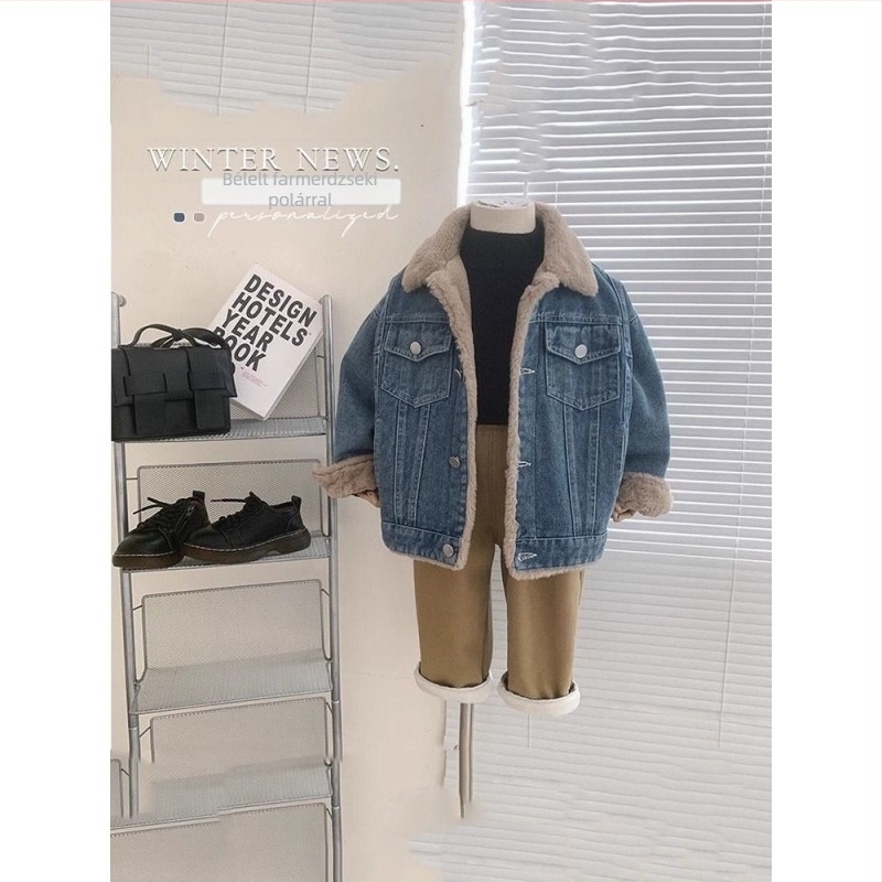 Fiúknak készült denim dzseki fleece-beléssel, téli új modell, vastag meleg kabát