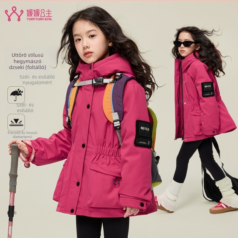 Princess Yuanyuan Gyerekeknek készült téli softshell kabát, hegységi stílus, kapucnival, cipzárral, poliészter külső és bélés