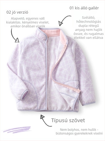 Gyermek polár dzseki absztrakt geometriai mintával, 100% poliészter polár, cipzáras záródás, állógallér, ősz 2025