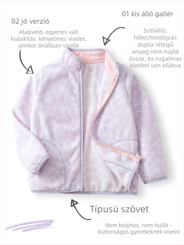 Gyermek polár dzseki absztrakt geometriai mintával, 100% poliészter polár, cipzáras záródás, állógallér, ősz 2025