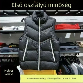 Szélvédett, fleece-béléssel ellátott down-pamut mellény, kapucni nélküli, álligallér, sportos stílus, 3D patch zsebek