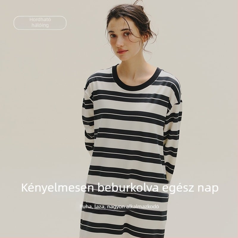 Női pamut éjszakai ruha őszre, hosszú ujjú, nagy méretű, antibakteriális kezeléssel, fekete-fehér csíkos, kényelmes viselet.