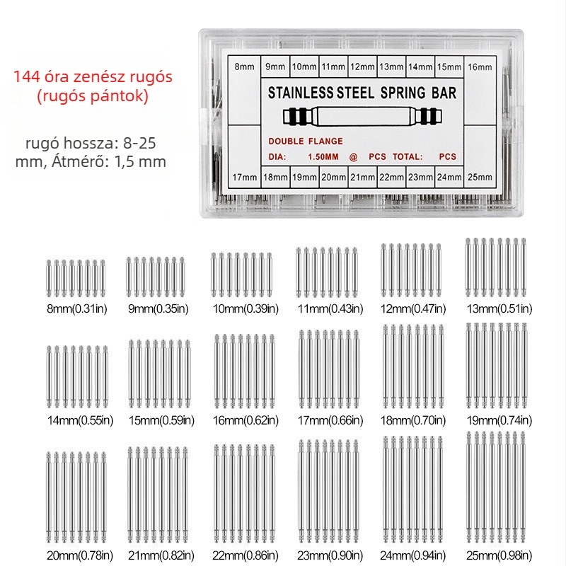 Record Work Órásjavító eszközök készlet – szíjcsatlakozó tengely, fülcsapok és lug csapok, fém, 144 vagy 108 darabos készlet