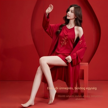 Ice Silk hálóruha készlet: hát nélküli hálóruha pántokkal, kardigán és selymes külső köntös – hosszú ujjú, gallér