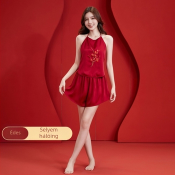 Ice Silk hálóruha készlet: hát nélküli hálóruha pántokkal, kardigán és selymes külső köntös – hosszú ujjú, gallér