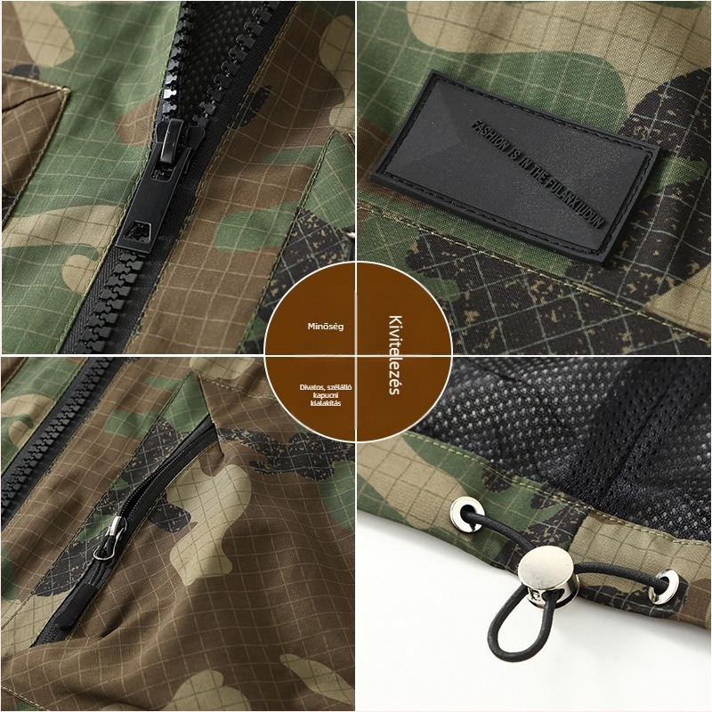 Pluszméretű férfi laza munkás stílusú dzseki camouflage mintával, kapucnival, cipzárral, tavasz-őszre