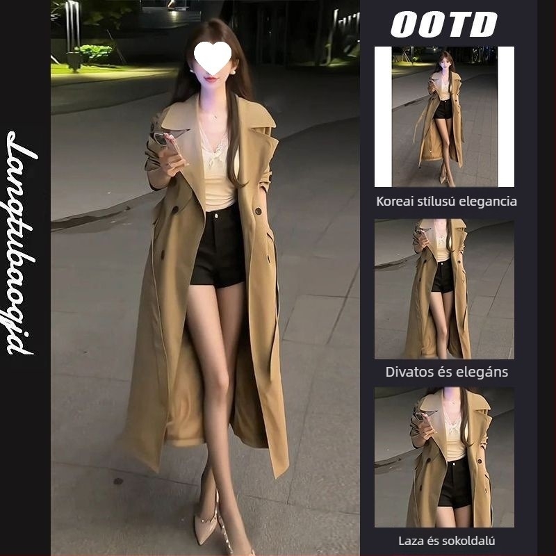 Brit stílusú retro khaki trench kabát nőknek, hosszú, őszi