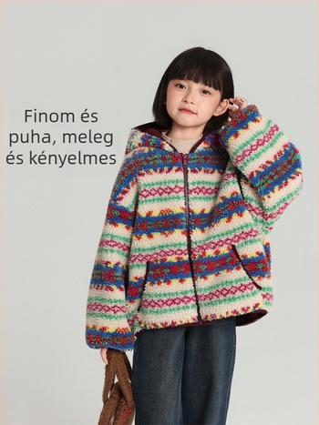 Pudding haru lányok kapucnis plüss kabát, koreai stílus, elöl cipzár, bélés 100% poliészter, tél 2025