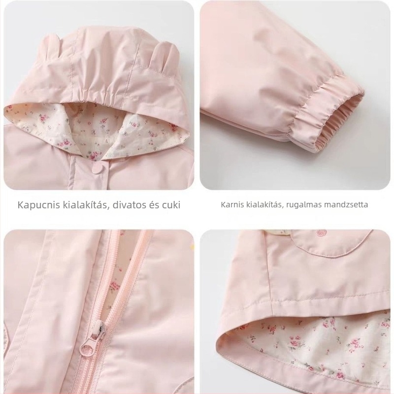 Lányoknak kapucnis őszi kabát, poliészter, cipzár