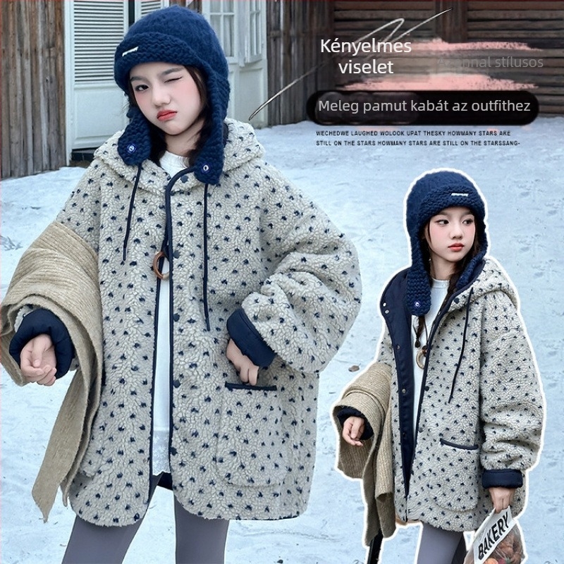 Koreai stílusú lány kabát, szív minta, fleece bélés, középhosszú, kapucni nélkül, téli 2025