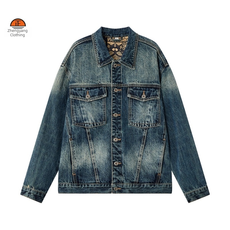 Férfi farmerdzseki vintázs mosott hatással, lazán szabott, tavasz–ősz, mindennapi stílus