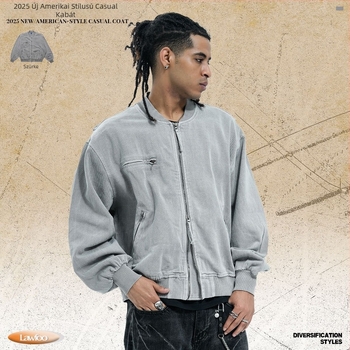 Férfi pamut dzseki álló gallérral, cipzárral záródó, laza szabás, hosszú ujjú – utcai streetwear tavasz-őszre, 100% pamut