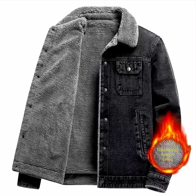 Denim dzseki fleece béléssel és báránybőr gallérral, egygombos záródással, téli külső ruházat