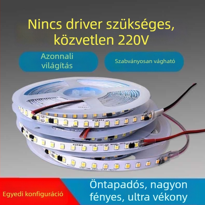 Monokróm LED szalag 220V – lineáris beépített világítás vitrinekhez, öntapadós dekoratív fénycsík, 10–15W, Xing jian LED chip, CRI 60–79