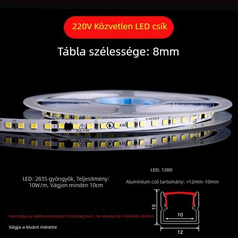 Monokróm LED szalag 220V – lineáris beépített világítás vitrinekhez, öntapadós dekoratív fénycsík, 10–15W, Xing jian LED chip, CRI 60–79
