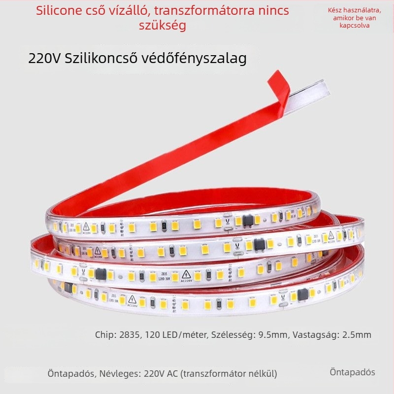 Monokróm LED szalag 220V – lineáris beépített világítás vitrinekhez, öntapadós dekoratív fénycsík, 10–15W, Xing jian LED chip, CRI 60–79