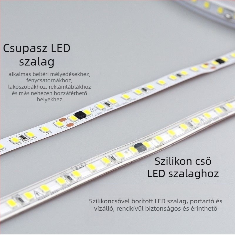 Monokróm LED szalag 220V – lineáris beépített világítás vitrinekhez, öntapadós dekoratív fénycsík, 10–15W, Xing jian LED chip, CRI 60–79