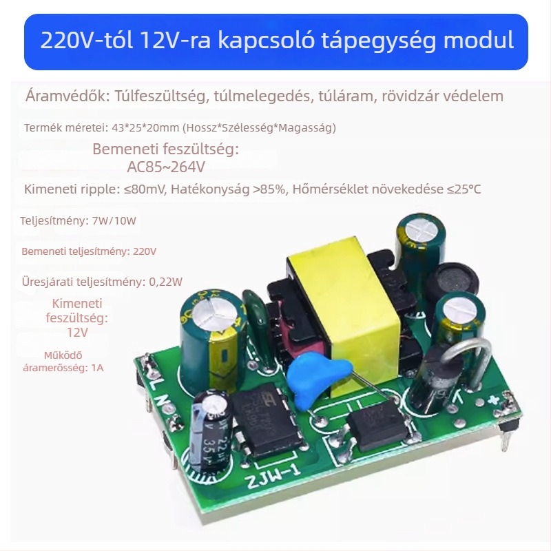 AC-DC léptető modul, izolált kapcsoló tápegység, bemenet 220V, kimenet 12VDC 1A, 12W