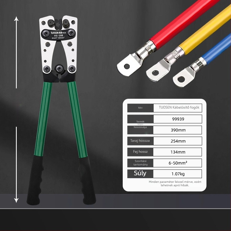 Tuosen HX-50B kábelpréselő fogó elektroműszerészeknek, rézorrú fej, magas széntartalmú acélból, súly 1.07