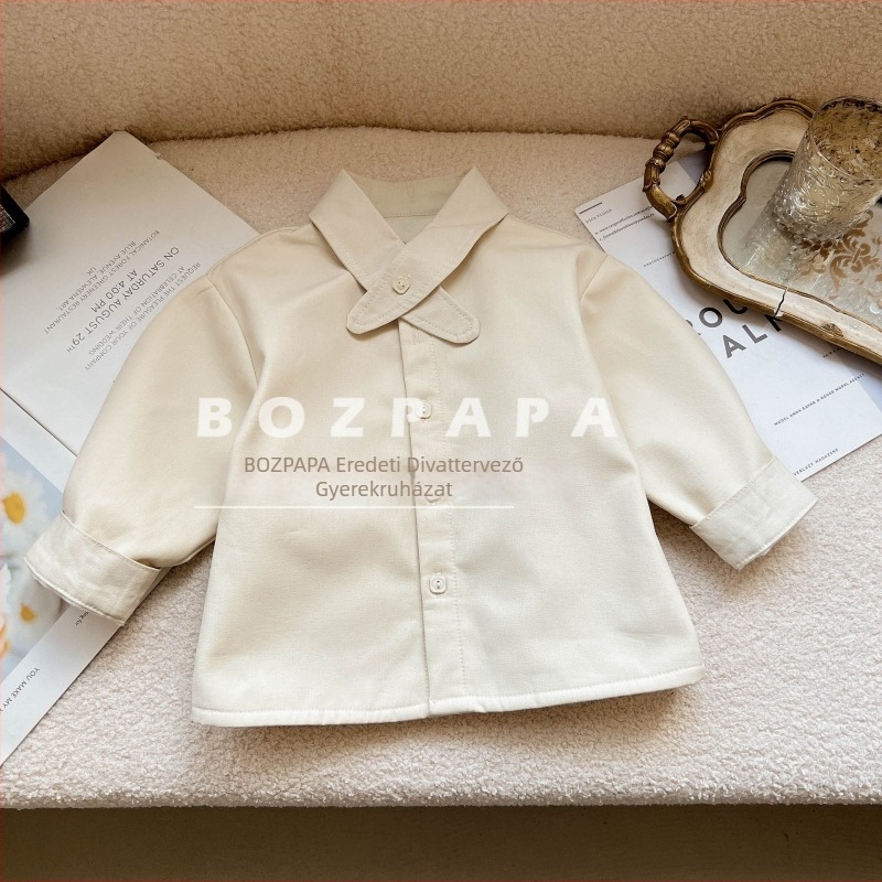 Gyerekeknek készült koreai stílusú ing, fleece-bélessel, 100% pamut, rever gallér, hosszú ujjú
