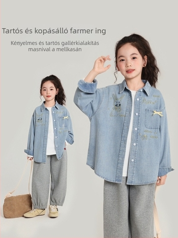Lányoknak szóló pamut felső hímzett mintával és denim dzsekivel, lazább szabás, 2025 ősz