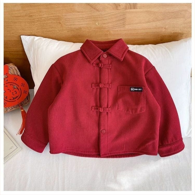 Gyerekeknek szóló ing, kínai stílusú, fleece-be boltozott corduroy anyagból (Fő anyag: nyúlfark; Corduroy; Belső: fleece; Gallér: négyszögletes; Ujj: hosszú)